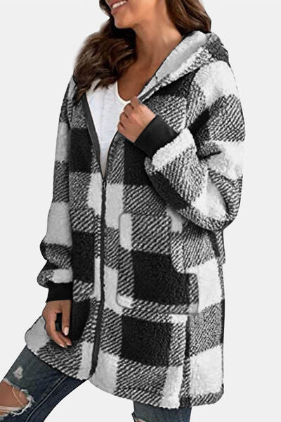 Plaid Long Sleeve Hooded Coat